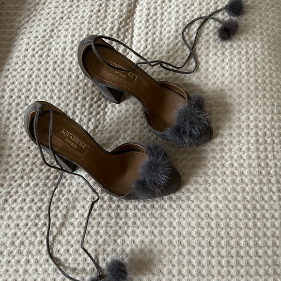 Grey Suede Aquazzura Pom Pom Block Heel Size 35 or 5 - Picture 2 of 10